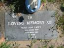 
Rose Jane CAREY,
died 26 March 1987 aged 83 years;
Moore-Linville general cemetery, Esk Shire

