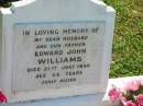 
Edward John (Ted) WILLIAMS,
husband father,
died 21 July 1958 aged 46 years;
Moore-Linville general cemetery, Esk Shire
