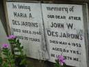 
Maria A. DESJARDINS,
died 8 Nov 1940 aged 75 years;
John W. DESJARDINS, father,
died 4 May 1962 aged 89 years;
Mt Mort Cemetery, Ipswich
