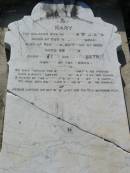 
Mary (WILLIAMS)
(wife of John WILLIAMS)
born Ewenny, Glamorgan
died Redland, 23 Aug 1889, aged 38

also Justyn and Elizabeth
infants of above

Mt Cotton  Gramzow  Cornubia  Carbrook Lutheran Cemetery, Logan City

