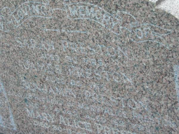 Sarah PRESTON  | aged 30  | James PRESTON  | aged 65  | Benjamin PRESTON  | (husband of Alice PRESTON)  | d: 7 Aug 1942 aged 82  | Mary Alice PRESTON  | d: 30 Aug 1944, aged 74  | Mt Cotton / Gramzow / Cornubia / Carbrook Lutheran Cemetery, Logan City  |   | 