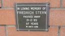 
Friedrich Stern
d: 21 Feb 1985, aged 87

Mount Cotton St Pauls Lutheran Columbarium wall 

