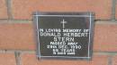 
Donald Herbert Stern
d: 29 Dec 1990, aged 68
Mount Cotton St Pauls Lutheran Columbarium wall 

