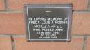 
Freda Louisa Rosina Holzapfel
d: 27 May 1981, aged 91

Mount Cotton St Pauls Lutheran Columbarium wall 

