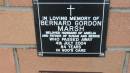 
Bernard Gordon Marsh
d: 4 Jul 2004, aged 84
husband of Amelia
father of Susan and Bernie

Mount Cotton St Pauls Lutheran Columbarium wall 

