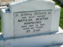 
Matilda Bertha MARSCHKE
19 May 1961, aged 80
Mount Beppo Apostolic Church Cemetery
