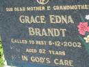
Grace Edna BRANDT
6 Dec 2002, aged 82
Mount Beppo Apostolic Church Cemetery

