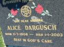 
Alice DARGUSCH
b: 11 Jul 1908, d: 1 Jan 2003
Mount Beppo Apostolic Church Cemetery
