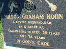 
Milton Graham KOHN
28 Nov 2003, aged 74
Mount Beppo Apostolic Church Cemetery
