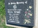 
Ella TESKE
b: 4 Oct 1917, d: 3 Jul 1999, aged 81
Mount Beppo Apostolic Church Cemetery

