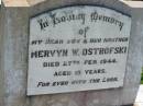 
Mervyn W OSTROFSKI
27 Feb 1944, aged 15
Mount Beppo Apostolic Church Cemetery
