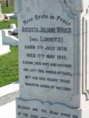 
Augusta Juliane WRUCK (nee LUKRITZ)
b: 7 Jul 1878, d: 17 May 1933
Mount Beppo Apostolic Church Cemetery
