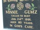 
Minnie GUMZ
24 Jan 1991, aged 85
Mount Beppo Apostolic Church Cemetery
