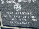 
Elsie MARSCHKE
29 Jun 1985, aged 76
Mount Beppo Apostolic Church Cemetery
