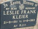 
Leslie Frank KLEIER
b: 21 Sep 1911, d: 11 Jun 1983
Mount Beppo Apostolic Church Cemetery
