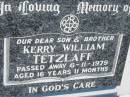 
Kerry William TETZLAFF
6 Nov 1979, aged 16 years 11 months
Mount Beppo Apostolic Church Cemetery
