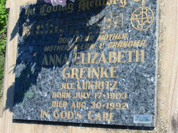 Anna Elizabeth GREINKE (nee LUKRITZ)  | b: 17 Jul 1903, d: 30 Aug 1992  | Mount Beppo Apostolic Church Cemetery  | 