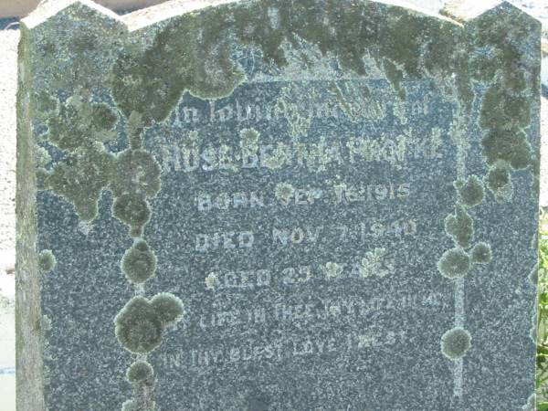 Rose Bertha PROFKE,  | born 16 Sept 1915 died 7 Nov 1940 aged 25 years;  | Mt Beppo General Cemetery, Esk Shire  | 