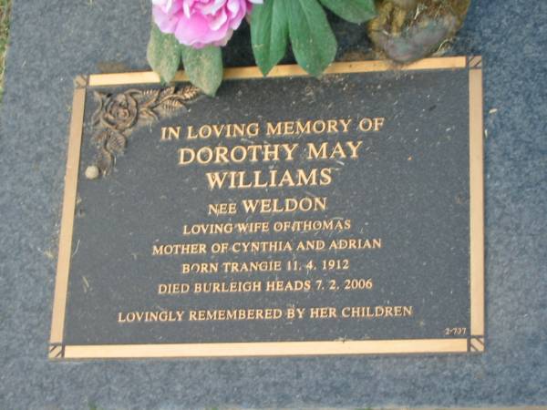 Dorothy May WILLIAMS (nee WELDON),  | wife of Thomas,  | mother of Cynthia & Adrian,  | born Trangie 11-4-1912,  | died Burleigh Heads 7-2-2006;  | Mudgeeraba cemetery, City of Gold Coast  | 