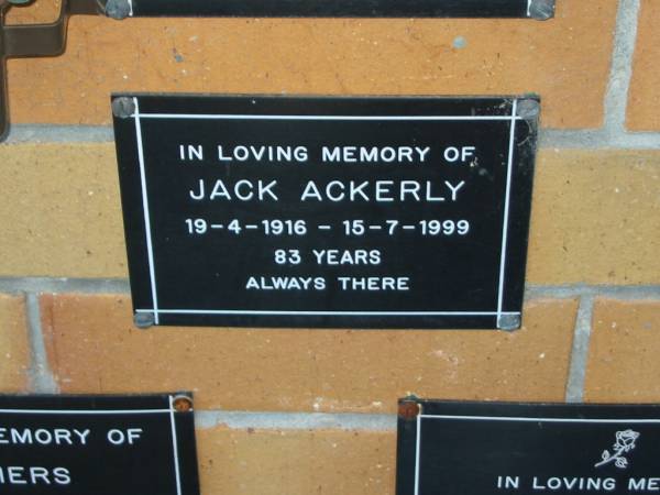 Jack ACKERLY,  | 19-4-1916 - 15-7-1999 aged 83 years;  | Mudgeeraba cemetery, City of Gold Coast  | 