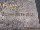 
Laurie WOX,
husband,
died Sept 1983;
Mudgeeraba cemetery, City of Gold Coast
