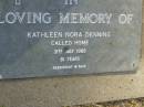 
R.J. DENNING,
died 26 Jan 1986 aged 76 years,
wife Kit;
Kathleen Nora DENNING,
died 31 July 1989 aged 81 years;
Mudgeeraba cemetery, City of Gold Coast
