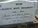 
Glenys Mary BEAUMONT,1932 - 1994,
wife of Arthur,
mother of Lou, Lyn, Jacqui & Steve;
Mudgeeraba cemetery, City of Gold Coast
