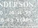 
Noel Edwin ANDERSON,
died 14-11-75 aged 43 years;
Murphys Creek cemetery, Gatton Shire
