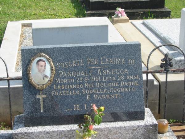 Pasquale ANNECCA,  | died 23-9-1961 aged 28 years;  | Murwillumbah Catholic Cemetery, New South Wales  | 