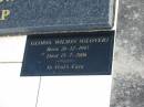 
Arthur Alfred GLOVER,
husband father,
died 7 Dec 1968 aged 57 years;
Doris Kathleen GLOVER,
mother,
born 19 Sept 1913,
died 17 Oct 1994;
Gloria WILSON (GLOVER),
born 26-12-1943,
died 15-7-2006;
Gwendoline GLOVER,
born 18 May 1940,
died 19 May 1940;
Murwillumbah Catholic Cemetery, New South Wales
