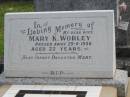 
Mary K. WORLEY,
wife,
died 29-6-1956 aged 22 years;
Mary,
infant daughter;
Murwillumbah Catholic Cemetery, New South Wales
