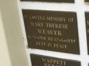 
Mary Therese WEAVER,
31-5-1918 - 12-1-1937;
Murwillumbah Catholic Cemetery, New South Wales
