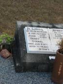 
John Henry GOEBEL
B: 1-8-1893
D: 9 Jan 1971
aged 77 yrs

wife
Gace Sarah GOEBEG
B: 28-12-1897
D: 9 Mar 1990
aged 92 yrs

Mutdapilly general cemetery, Boonah Shire
