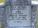 
Christian Tostensen HANSEN,
died 10 May 1925 aged 81 years,
father;
Matilda HANSEN,
died 15 Nov 1883 aged 1 year 8 months,
sister;
erected by son G.C. HANSEN;
Nikenbah Aalborg Danish Cemetery, Hervey Bay
