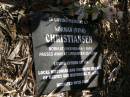 
Anna Margretha PEDERSEN,
died 10 June 1906 aged 74 years;
Norman (Nink) CHRISTIANSEN,
born Nikenbah 4-1-1919,
died Urraween 25-1-2004,
father of Ian,
reunited with Joan;
Nikenbah Aalborg Danish Cemetery, Hervey Bay
