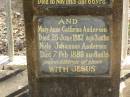 
Anders JENSEN,
died 8 Oct 1879 aged 59 years,
father;
Peter ANDERSEN,
died 16 Nov 1913 aged 66 years,
son;
Mary Anne Cathrine ANDERSEN,
died 25 June 1882 aged 3 months;
Niels Johannes ANDERSEN,
died 7 Feb 1888 aged 8 months;
grandchildren of above;
Nikenbah Aalborg Danish Cemetery, Hervey Bay
