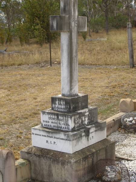 David DONOHUE,  | died 29 Sept 1936 aged 74 years,  | husband father;  | Johanna (Josie) Agnes DONOHUE,  | died 8 Nov 1923 aged 25 years,  | daughter;  | Mary DONOHUE,  | died 23 Feb 1953 aged 88 years,  | mother;  | Nobby cemetery, Clifton Shire  | 