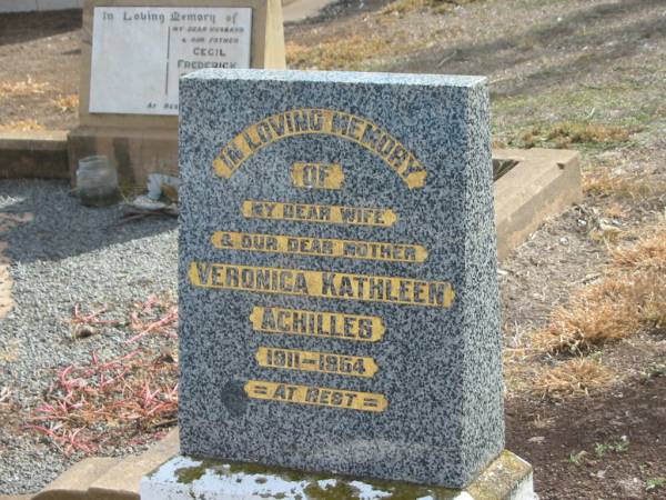 Veronica Kathleen ACHILLES,  | 1911 - 1964,  | wife mother;  | Nobby cemetery, Clifton Shire  | 