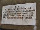 
Charles G. LANGSDORF,
died 31 Oct 1953,
husband;
Nellie,
wife,
died 18 Oct 1975;
Nobby cemetery, Clifton Shire
