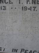
Laurence T. KNECHT,
1913 - 1947;
Valentine KNECHT,
1861 - 1951;
Adelaide J. KNECHT,
1873 - 1963;
Nobby cemetery, Clifton Shire
