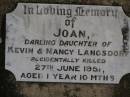 
Joan (Jo),
daughter of Kevin & Nancy LANGSDORF,
accidentally killed 27 June 1951 aged 1 year 10 months;
Nobby cemetery, Clifton Shire
