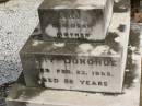 
David DONOHUE,
died 29 Sept 1936 aged 74 years,
husband father;
Johanna (Josie) Agnes DONOHUE,
died 8 Nov 1923 aged 25 years,
daughter;
Mary DONOHUE,
died 23 Feb 1953 aged 88 years,
mother;
Nobby cemetery, Clifton Shire
