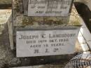 
Joseph C. LANGSDORF,
died 14 Oct 1930 aged 15 years,
son brother;
Nobby cemetery, Clifton Shire
