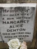 
James DENTON,
died 25 Feb 1970 aged 86 years,
father;
Margaret Alice DENTON,
died 30 May 1961 aged 75 years,
wife mother;
Nobby cemetery, Clifton Shire
