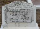 
John Stanley BREEZE,
son of James & Francis BREEZE,
died 16 March 1915 aged 15 months;
James BREEZE,
died 20 Nov 1953 aged 76 years,
husband father;
Fanny F. BREEZE,
died 23 July 1961 aged 80 years,
mother;
John Stanley BREEZE,
died 17 Mar 1915;
James Edward BREEZE,
died 22 April 1980 aged 74 years;
Florence Lily TREGONING,
10-8-1919 - 20-11-1998,
wife of Cliff,
mother of Dellray, Heather, Leonie, Owen & June,
grandma great-grandma,
with mother Fanny;
Nobby cemetery, Clifton Shire
