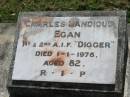 
Charles Landious EGAN,
died 1-1-1978 aged 82;
St James Catholic Cemetery, Palen Creek, Beaudesert Shire
