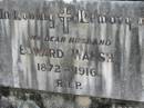 
Mary WALSH,
died 6 Jan 1941 aged 69 years;
Edward (Ned) WALSH, husband,
1872 - 1916;
St James Catholic Cemetery, Palen Creek, Beaudesert Shire

