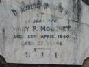 
Mary P. MOLONEY, wife,
died 22 April 1940 aged 29 years;
St James Catholic Cemetery, Palen Creek, Beaudesert Shire
