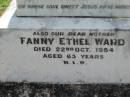 
Joseph Anthony WARD,
died 18 Dec 1920 aged 32 years;
Fanny Ethel WARD, mother,
died 22 Oct 1954 aged 63 years;
St James Catholic Cemetery, Palen Creek, Beaudesert Shire
