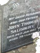 
John Thomas SALISBURY, husband father,
died 24 Jan 1967 aged 79 years;
Florence Lillian SALISBURY, mother,
died 28 Jan 1980 aged 77 years;
St James Catholic Cemetery, Palen Creek, Beaudesert Shire
